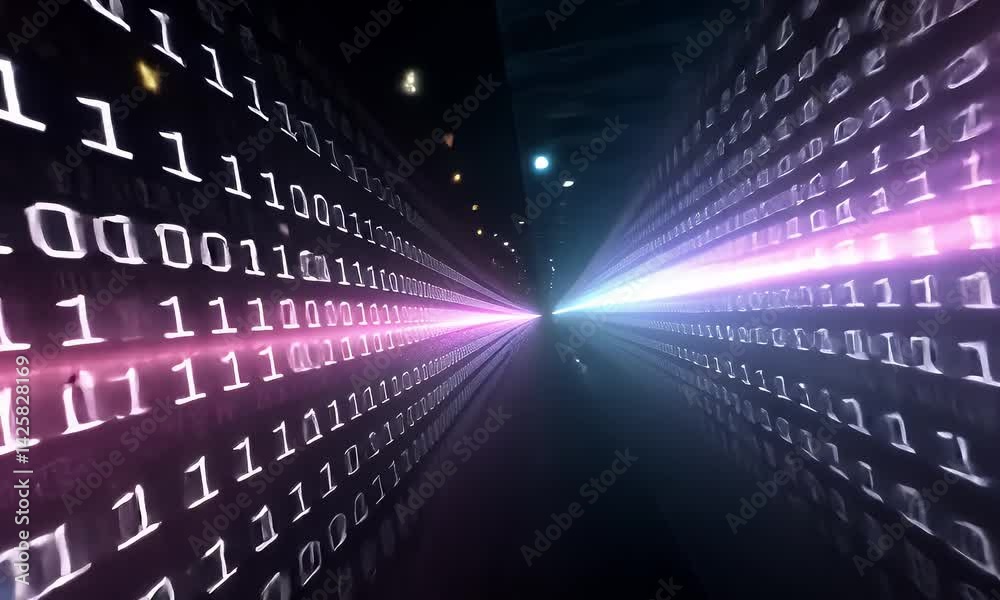 Binary code tunnel effect with glowing digital lights.
