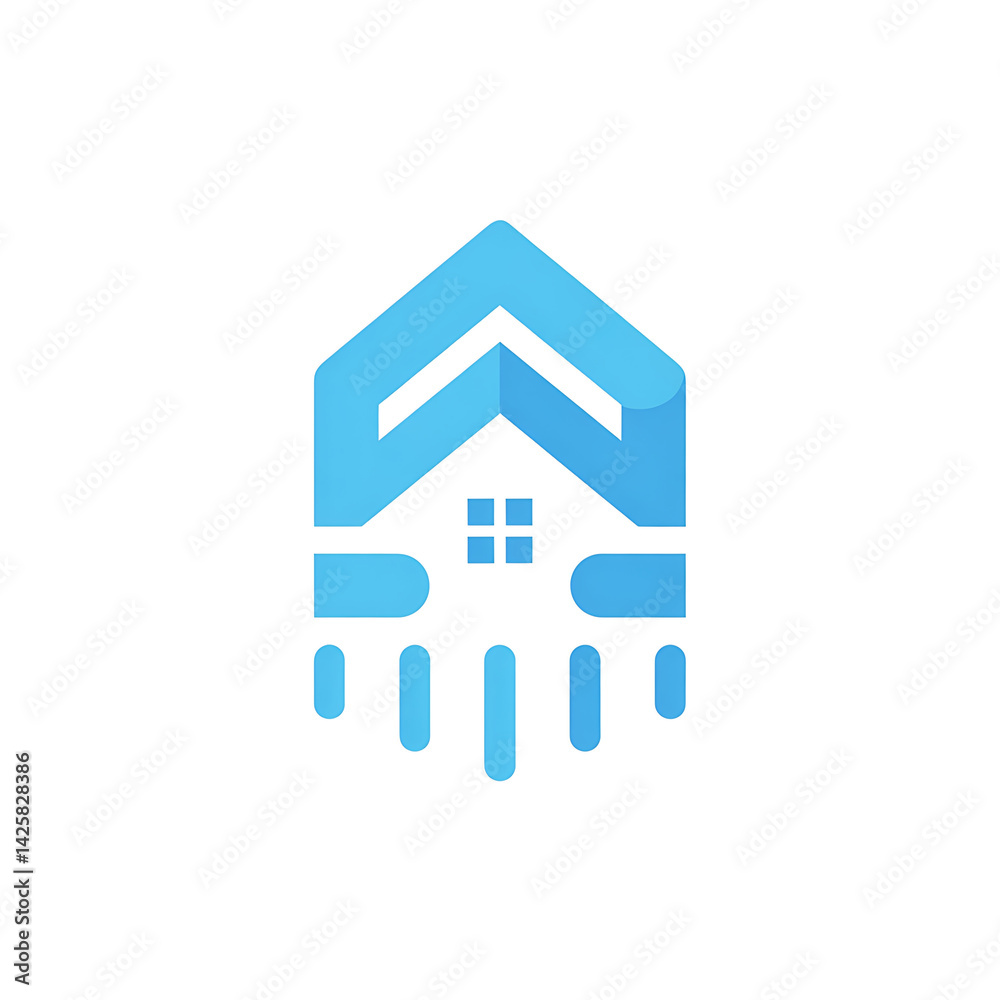Abstract geometric house design in shades of blue incorporating a window and vertical lines evoking an open concept. Abstract geometric house design in shades of blue incorporating a window and vertical lines evoking an open concept.