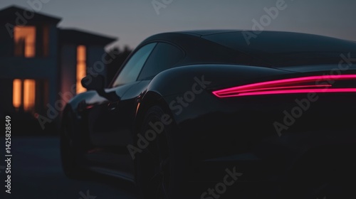 Sleek sports car parked outside modern home at twilight.  The car's rear, dark in silhouette, features glowing taillights