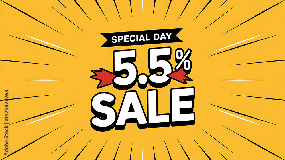 Bright yellow promotional graphic with 5-5 SALE text and radial burst lines emphasizing a special day offer.