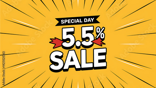 Obraz na płótnie Bright yellow promotional graphic with 5-5 SALE text and radial burst lines emphasizing a special day offer. w salonie