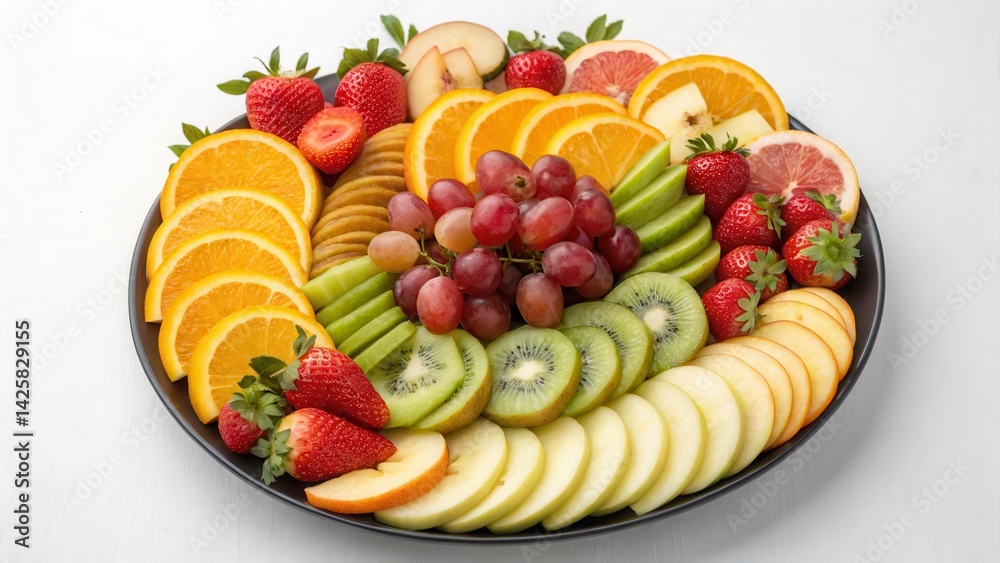 A vibrant fruit platter featuring an assortment of strawberries, grapes, oranges, kiwis, apples, and more, arranged beautifully for a colorful presentation. A vibrant fruit platter featuring an assortment of strawberries, grapes, oranges, kiwis, apples, and more, arranged beautifully for a colorful presentation.