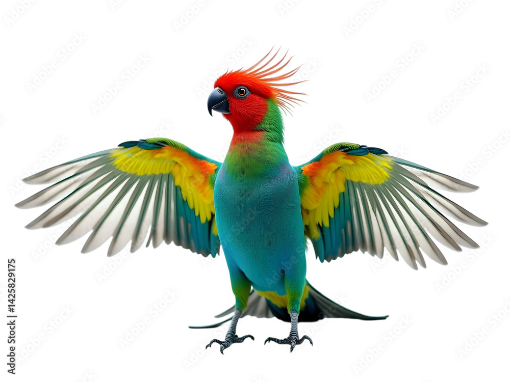 Fototapeta premium Vibrant Red-Crested Parrot with Wings Spread transparent background