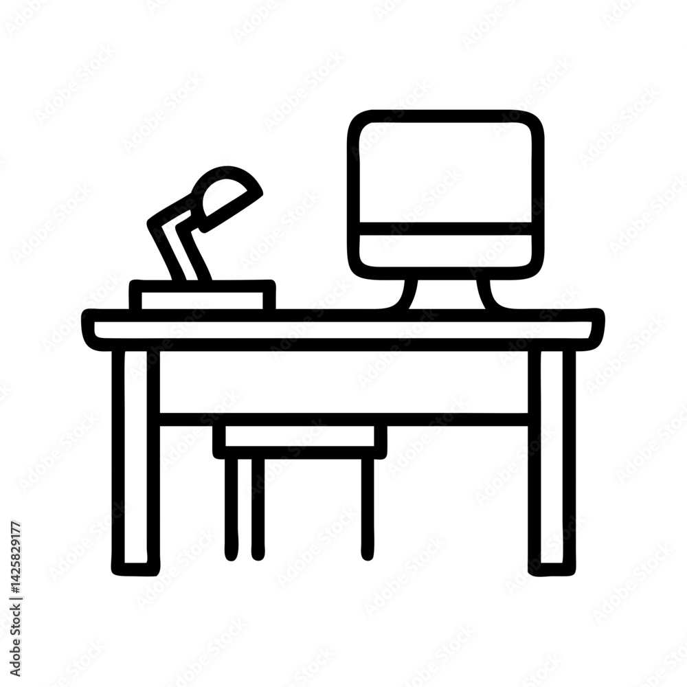 Illustration of desk with computer lamp and chair office furniture workspace study table outline Illustration of desk with computer lamp and chair office furniture workspace study table outline