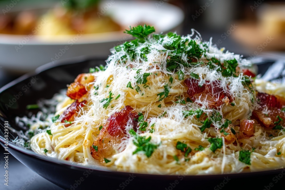 Spaghetti carbonara with parmesan cheese.