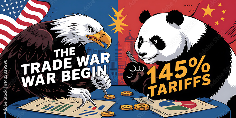 Obraz premium A cartoon depicting a trade dispute between the United States represented by an eagle and China represented by a panda.