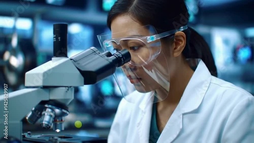 Professional scientist in protective gear is using microscope in a laboratory setting, close-up. Science and medicine concepts
