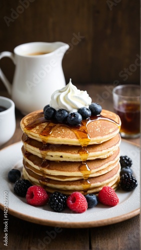 Wallpaper Mural A Stack of Golden Pancakes Drizzled with Syrup and Topped with Whipped Cream and Fresh Berries, Served Alongside Warm Drink. Torontodigital.ca