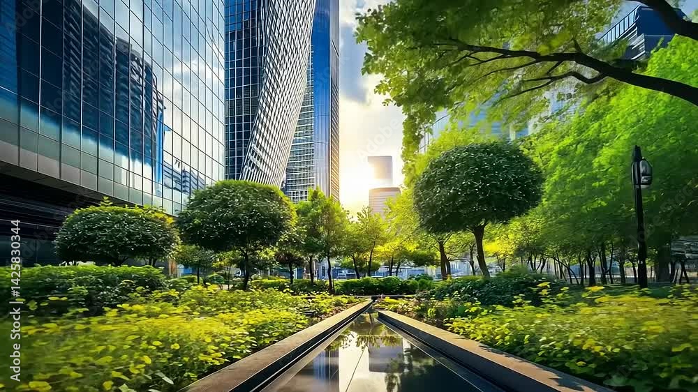 Urban Harmony: Tranquil Green Space Amidst Modern Skyscrapers and Sunlight