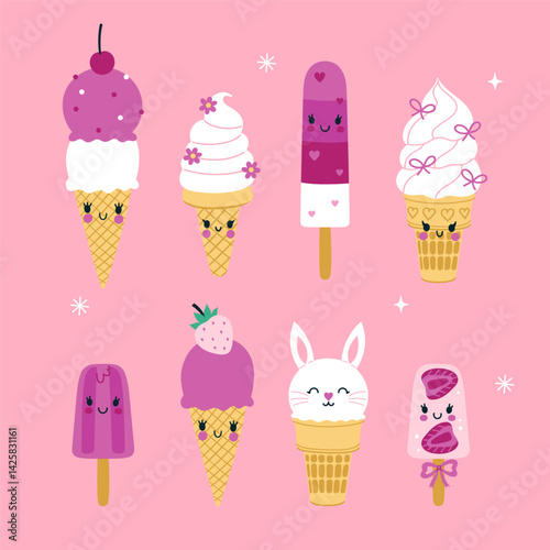 Set of cute pink and white ice cream. Vector graphics.