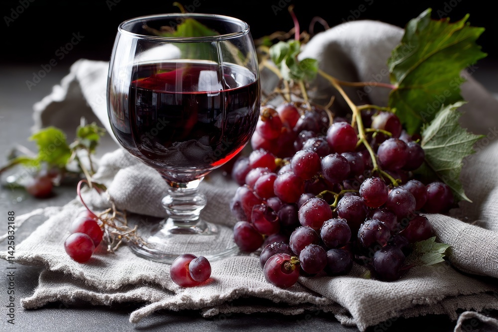 Glass of red wine with grapes.
