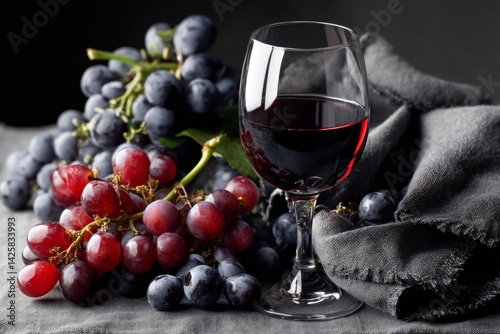 Glass of red wine with grapes.
