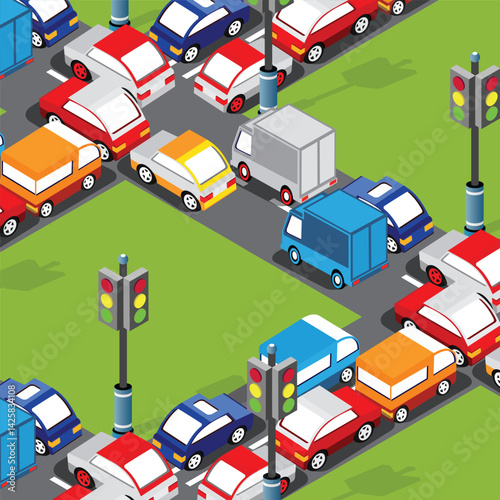 Colorful cars and trucks creating traffic congestion at intersection