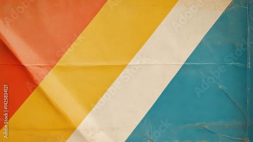 Vibrant colors collide in a vintage poster that tells stories of nostalgia through its worn texture and faded charm, depicting a creative past