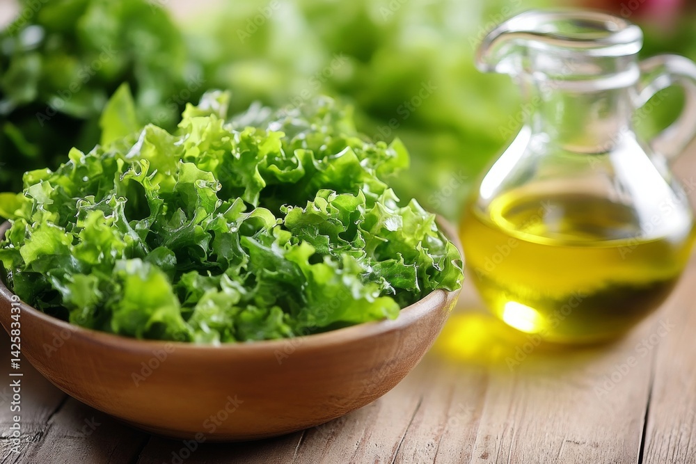Fresh green salad with avocado and olive oil.