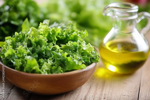 Fresh green salad with avocado and olive oil.