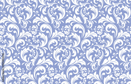 Flower pattern. Seamless white and blue ornament. Graphic vector background