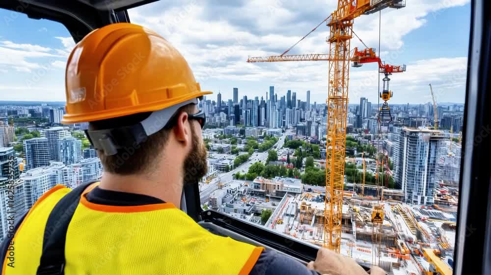 Construction Worker in Hard Hat Observes Urban Development from Crane, Showcasing City Skyline and Safety in Building Progress. Construction Worker in Hard Hat Observes Urban Development from Crane, Showcasing City Skyline and Safety in Building Progress.