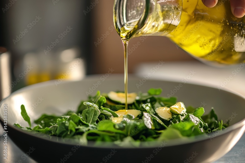 Fresh green salad with avocado and olive oil.