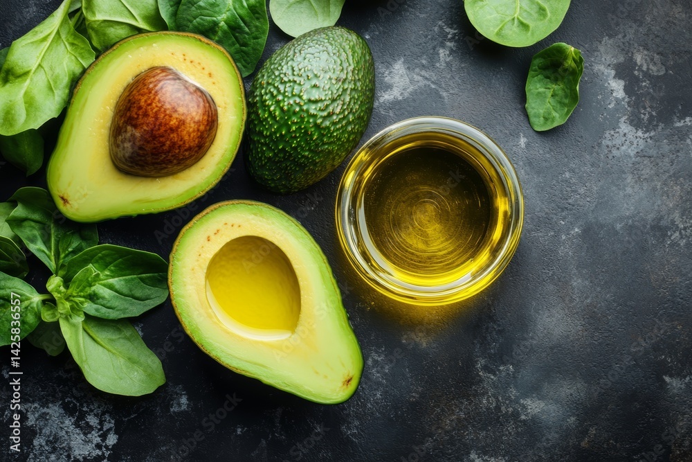 Fresh green salad with avocado and olive oil.