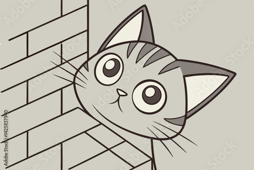 Confused Cat Peeking Out of Wall Funny Curious Animal Vector Art