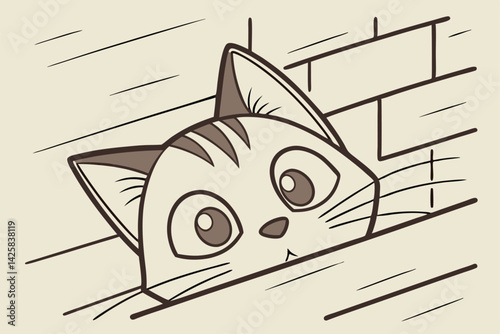 Confused Cat Peeking Out of Wall Funny Curious Animal Vector Art