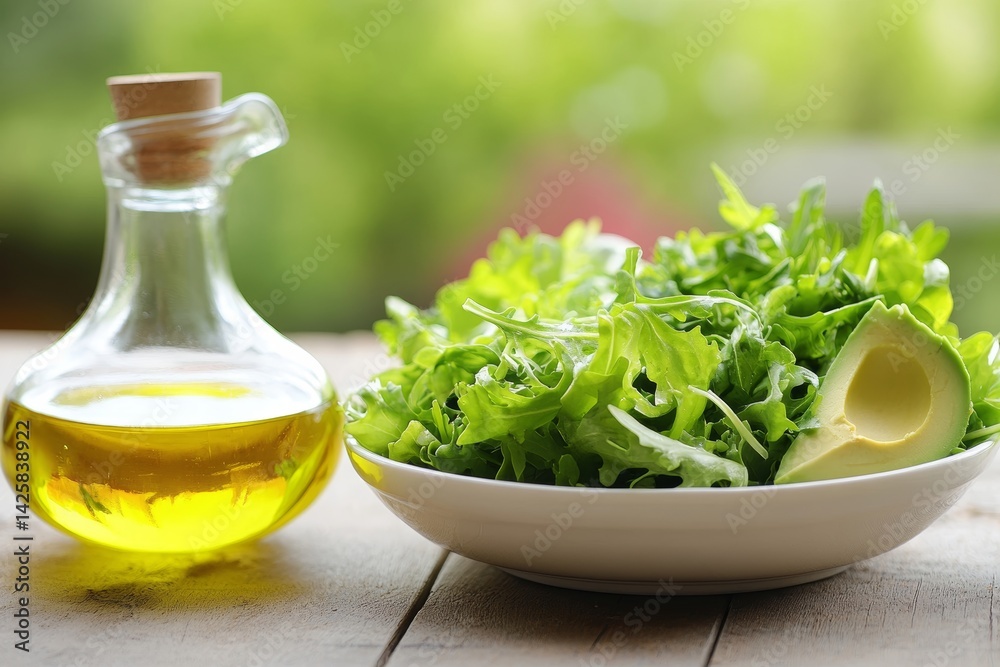 Fresh green salad with avocado and olive oil.