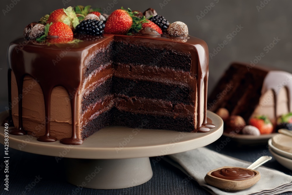 Triple layer chocolate cake with ganache.
