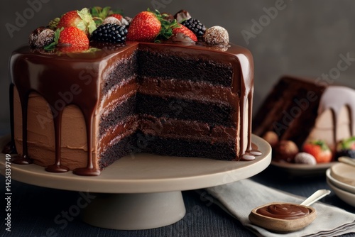 Obraz na płótnie Triple layer chocolate cake with ganache. w salonie