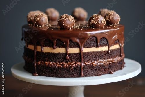 Triple layer chocolate cake with ganache.
