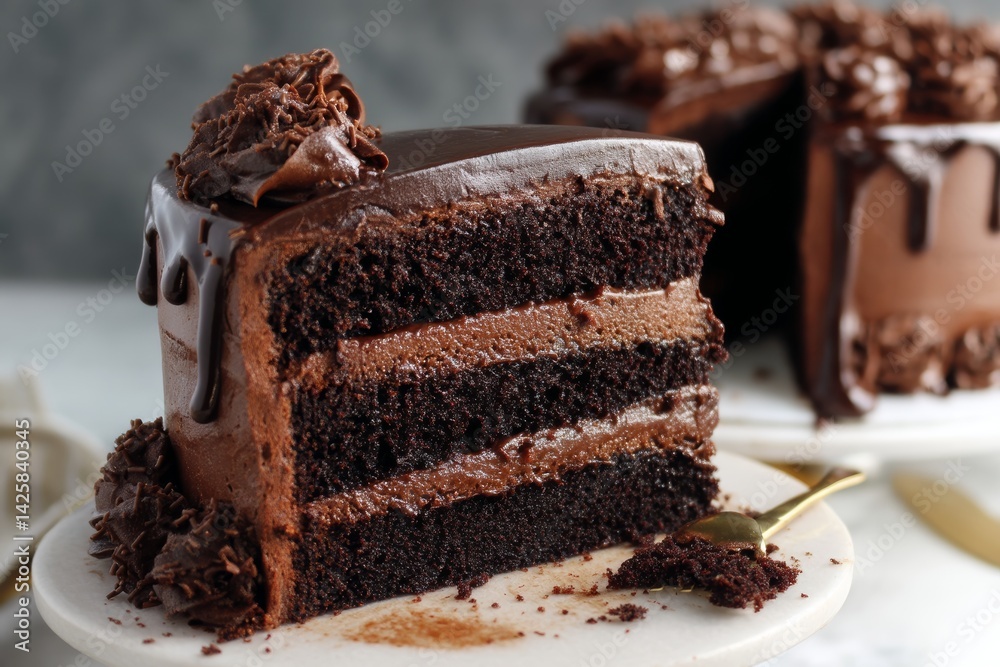 Triple layer chocolate cake with ganache.