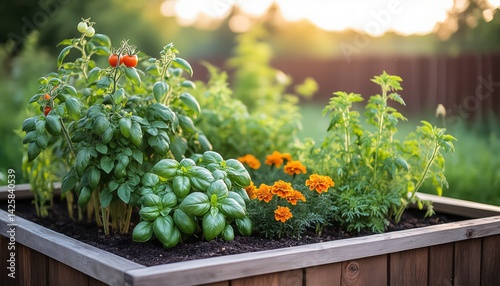 Raised garden bed showcasing companion planting with tomatoes, basil, and marigolds growing side by side. Promotes natural pest control and healthy, organic vegetable gardening