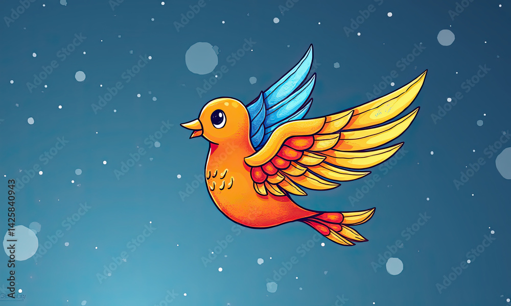 Fototapeta premium Cute Cartoon Bird Flying, Orange & Blue Wings - Whimsical illustrat.