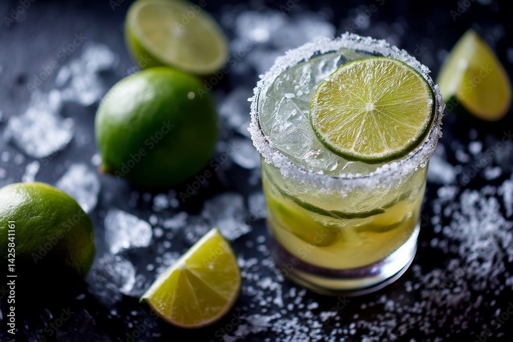 Margarita cocktail with lime and salt rim.