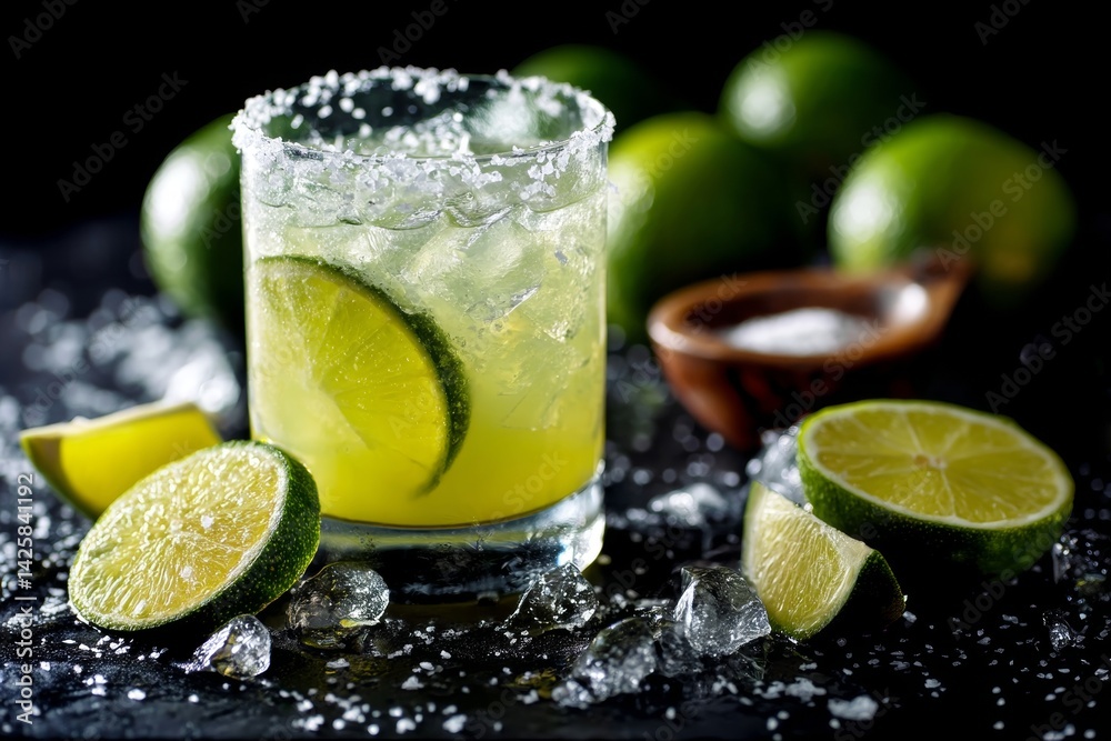 Margarita cocktail with lime and salt rim.