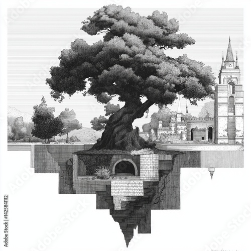 Surreal line art of a tree growing upside-down,generative ai illustration