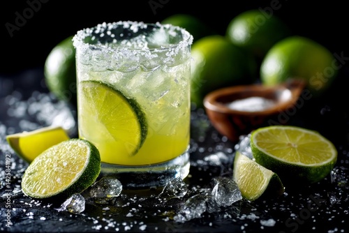 Margarita cocktail with lime and salt rim.