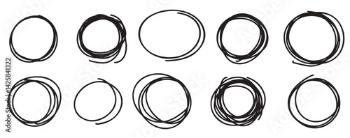 Hand drawn circle black line scribbles set