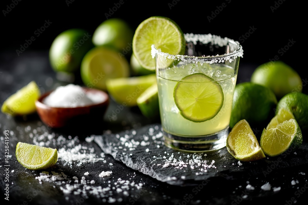 Margarita cocktail with lime and salt rim.