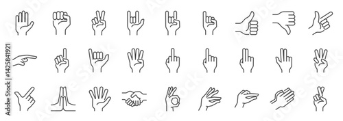 Hand gestures line icon set. Included icons as fingers interaction, pinky swear, forefinger point, greeting, pinch, hand washing and more