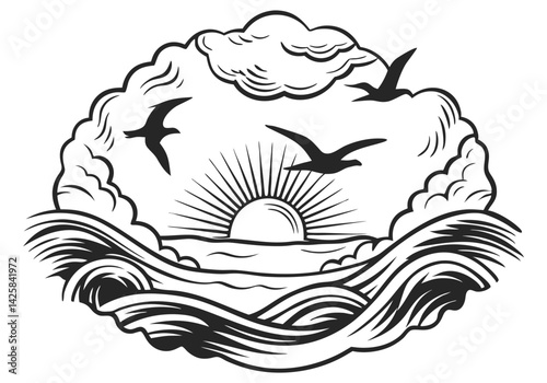 Scratchboard-style engraving of birds soaring above sea waves with rising sun and dramatic clouds in a tranquil coastal scene