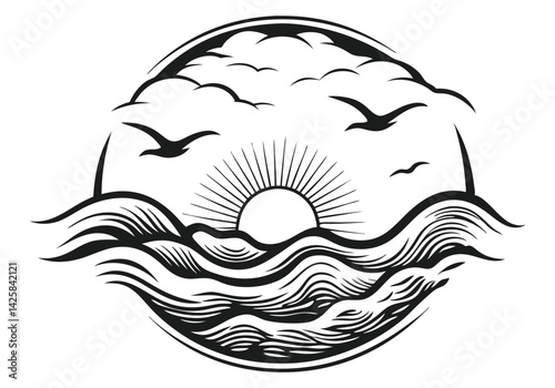 Scratchboard-style engraving of birds soaring above sea waves with rising sun and dramatic clouds in a tranquil coastal scene