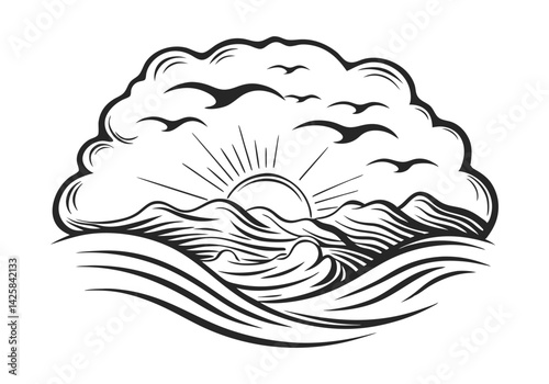 Scratchboard-style engraving of birds soaring above sea waves with rising sun and dramatic clouds in a tranquil coastal scene