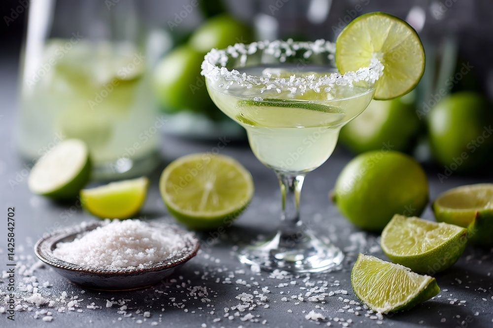 Margarita cocktail with lime and salt rim.