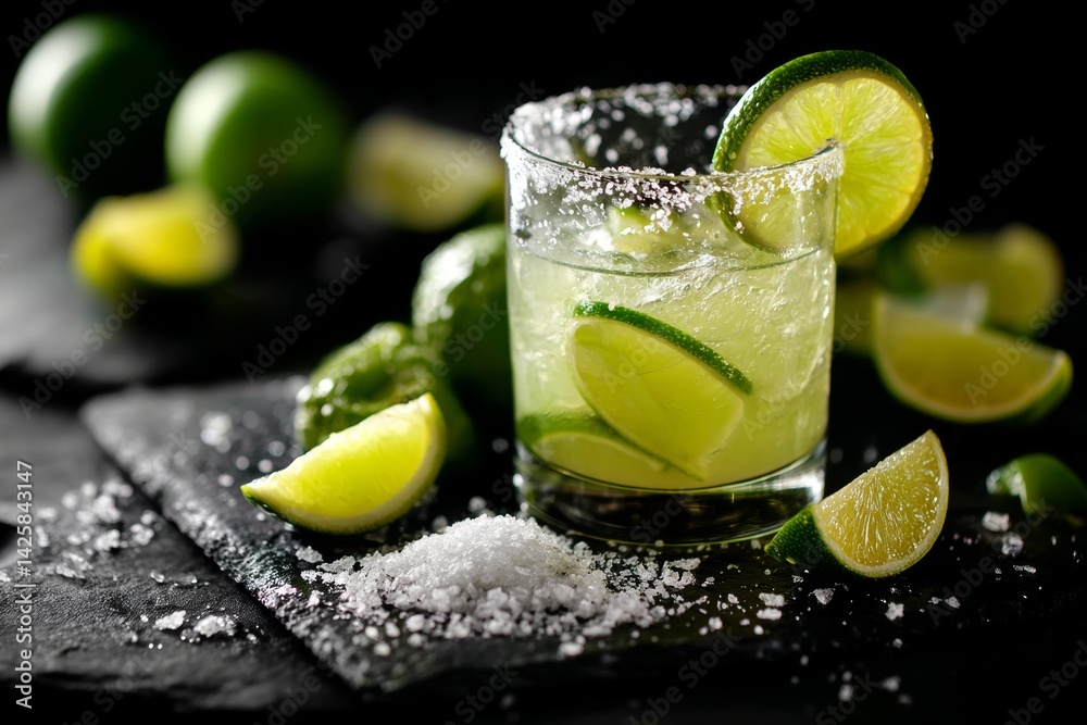 Margarita cocktail with lime and salt rim.