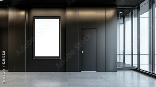 Modern, dark hallway with empty advertisement display.