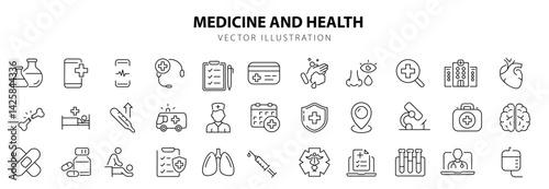 Medicine and health set of web icons in line style. Medical icons for web and mobile app. Medicine and Health Care symbols. Emergency, medical equipment, RX, MRI, doctor, lab, virus, prescription