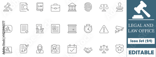 This legal and law office icon set features 24 modern icons representing lawyers, courts, justice, contracts, and legal services, ideal for web design, branding, and legal professionals.