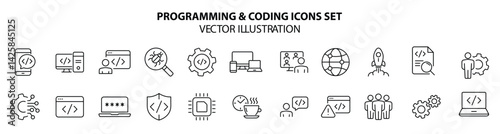 Programming coding  set of web icons in line style. Software development icons for web and mobile app. Code, api, programmer, developer, information technology, coder and more. Vector illustration