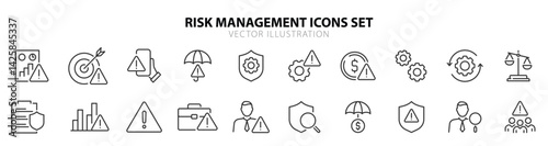 Risk Management web icon set in line style. Risk analysis, risk investment, minimizing losses, plan, low cost, collection. Vector illustration.